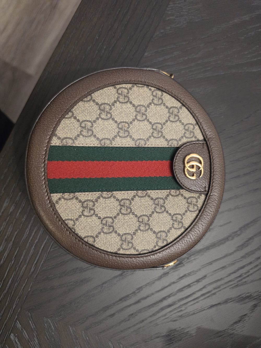 Gucci Brown GG Supreme Round Crossbody with Red & Green Web Stripe - Picture 2 of 2
